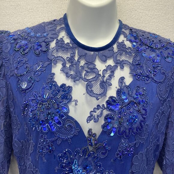 Vintage 80s Handmade Lace Beaded Midi Dress Womens 6 Blue Sequins Suede Regency - Picture 11 of 16